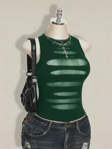 SHEIN ICON 大尺碼 Y2K 哥德風透明破洞性感細肩帶上衣 女款黑色透視網紗上衣 約會之夜 雞尾酒會 夏季 - 墨綠色 - 查看 5