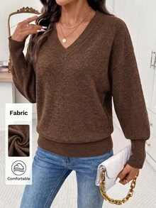Editum Sweatshirt Lengan Panjang Kasual Wanita Warna Polos dengan Kerah V untuk Sehari-hari - Coklat - View 6