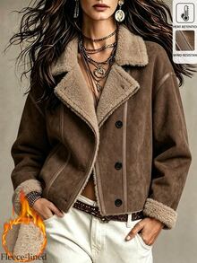 LUMIGAL Women's Autumn/Winter Long Sleeve Thermal Lined Single-Breasted Casual 90s Retro Loose Fit Jacket Everyday Hiking Brown - Brown - View 1