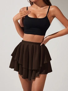SHEIN PETITE 高腰層次下擺荷葉邊裙 - 咖啡棕 - 查看 6
