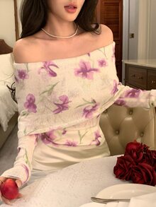 DAZY Women's Off-Shoulder Floral Decor Pullover Vacation Style Sweater - White - View 2