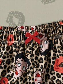 Betty Boop x SHEIN Women's Leopard Print & Letter Print Camisole Top And Shorts Pajama Set Betty Boop - Brown - View 3
