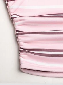 SHEIN 青少年女孩秋冬休閒時尚復古學院風彩色條紋印花收腰抓皺套頭運動衫 - 粉色 - 查看 5