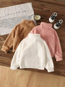 SHEIN 3件組少女純色立領半拉鍊抓絨短版運動衫套裝，雙面秋冬衣物，柔軟可愛毛絨 - 彩色 - 查看 2