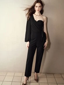 MOTF PREMIUM ONE-SHOULDER CHIFFON STRAPLESS FITTED ANKLE-LENGTH JUMPSUIT - Black - View 8
