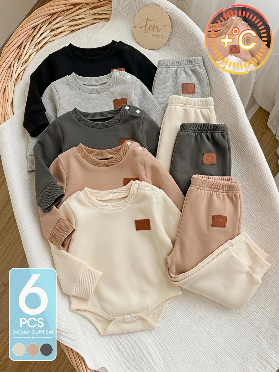SHEIN 2pcs Baby Boy Sweatshirt Joggers Set Cute Cream Khaki Leather Patch Ribbed Long Sleeve Round Neck Regular Party Fall Holiday Retro - Brown - View 1