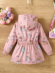 SHEIN 女童獨角獸印花連帽抓絨內裡夾克，拉鍊式彈性腰圍保暖外套，長袖休閒秋冬外套 - 粉色 - 查看 2