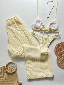 SHEIN Swim 26SS 春夏度假海灘波希米亞風編織棕紅色比基尼泳衣附褲子 3 件套 - 綠色 - 查看 2