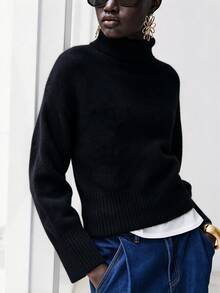 Lumivelle Women's Ribbed Fashion High Neck Long Sleeve Sweater - Black - View 3
