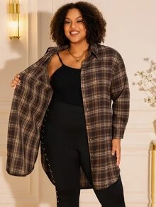 BrightlyHer Plus Size Casual Plaid Single-Breasted Long Sleeve Shirt For Daily Wear - Brown - View 7
