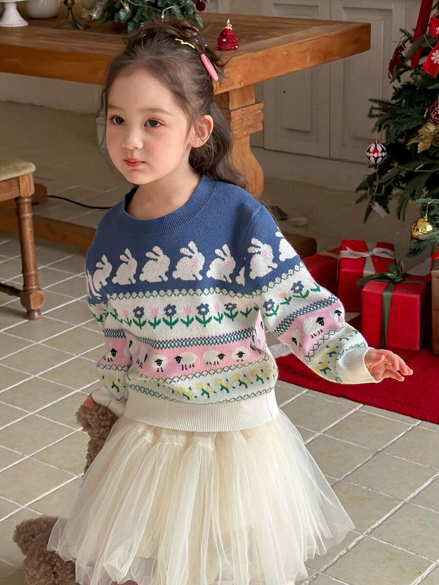 DAZY Infant/Toddler (Girl) Round Neck Floral Spring/Summer Korean Style Long Sleeve Autumn/Winter Sweater - Blue - View 1