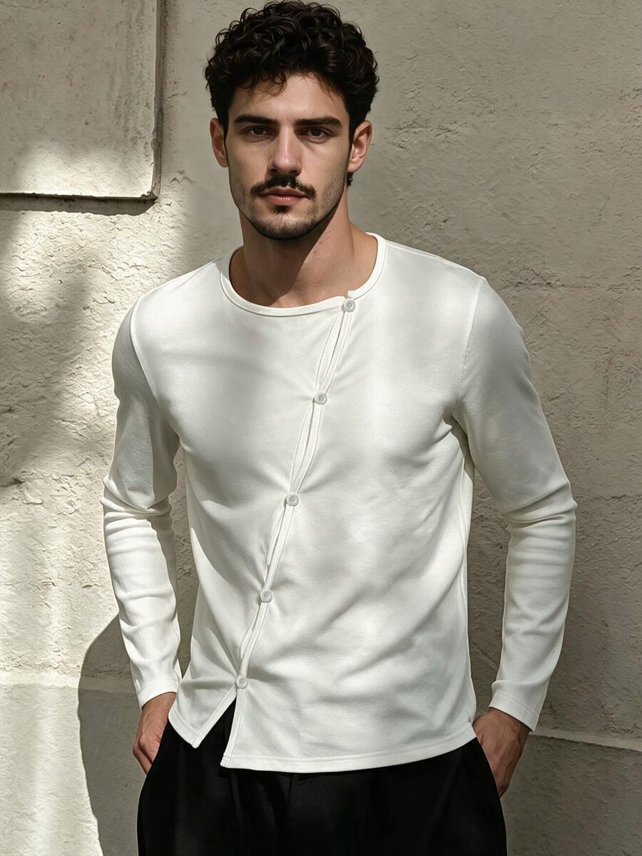 TONEVAULT Men's Long Sleeve White Crew Neck Asymmetric Button Design Slim Fit Asymmetrical Hem Streetwear Casual T-Shirt For Spring And Autumn - White - View 1