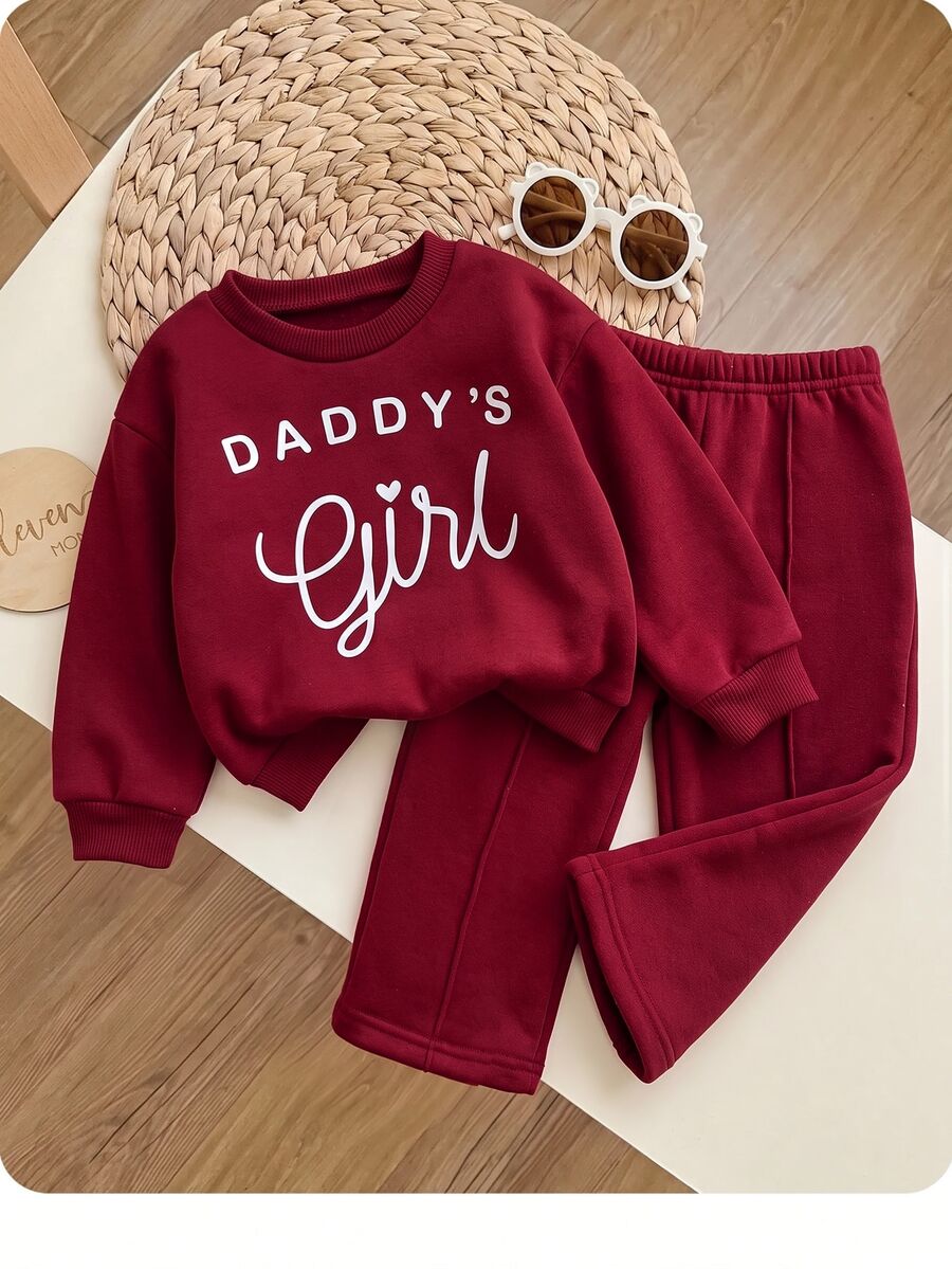 SHEIN Baby Girl Vintage Berry Red Candy Letter Print Fleece & Straight Leg Pants Set , Arrival For Autumn/Winter Daily Wear, Relaxed Sweet Christmas Vibe - Pink - View 1
