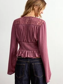 Willow Rêve Women's Pink V-Neck Lace Trim Patchwork Waist-Cinching Long Sleeve Blouse - Hot Pink - View 2