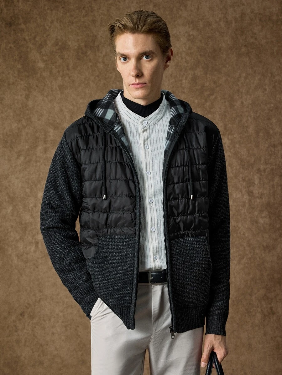 Manfinity CityGents Men's Autumn/Winter Knit Cardigan Sweater Jacket With Hood - Black - View 1