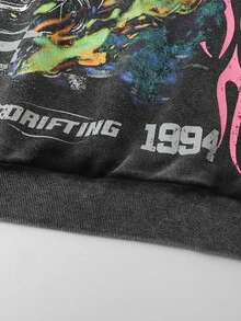 ROMWE MEN Men's Washed Distressed Printed Pattern Plus Size Hoodie - Black - View 5