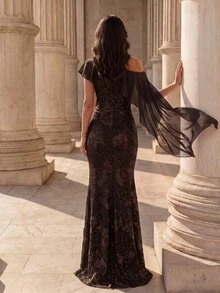 Coutiva Women's Asymmetrical Shoulder Mesh Patchwork Jacquard Elegant Waist-Cinched Evening Dress - Coffee Brown - View 2