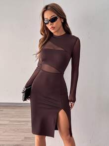 Glamine Gaun Hitam Wanita dengan Detail Belahan di Bagian Bawah dan Motif Jala Berongga - Coklat - View 6