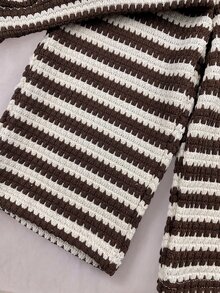 SHEIN Baby Girl 3D Flower Decor Striped Sweatshirt And Pants Casual Set - Khaki - View 3