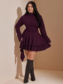 SHEIN BAE CURVE 大尺碼女款棕色荷葉邊優雅洋裝，秋冬純色長袖層次感迷你洋裝，荷葉邊下擺，內建胸墊 - 紫紅色 - 查看 6