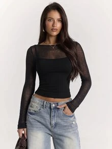 SHEIN BAE تي شيرت نسائي مثير بأسلوب الشارع من الشبك 2 في 1 بأكمام طويلة - الأسود - مشاهدة 1