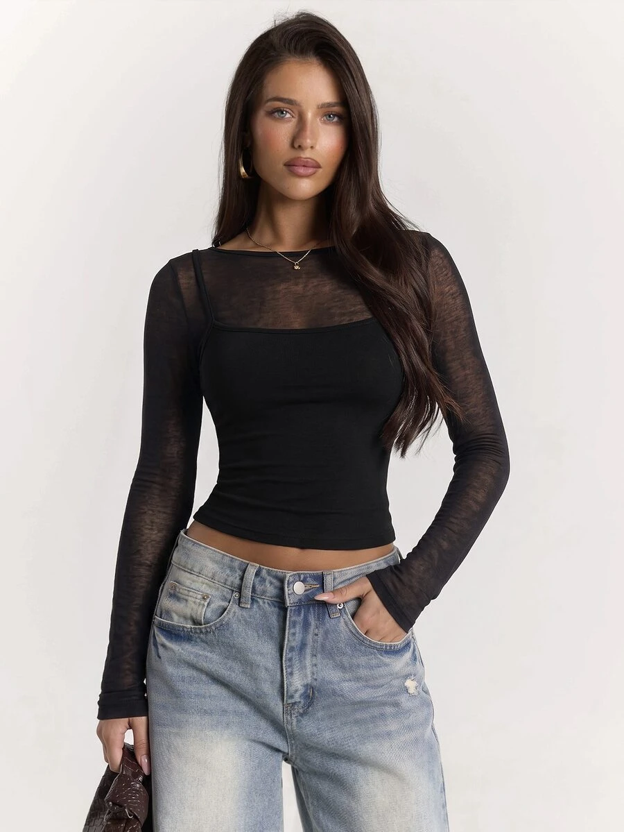 SHEIN BAE تي شيرت نسائي مثير بأسلوب الشارع من الشبك 2 في 1 بأكمام طويلة - الأسود - مشاهدة 1