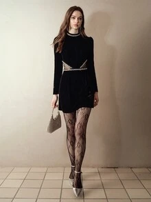 MOTF PREMIUM BEADED RHINESTONE ROUND NECK EXPOSED WAIST PETAL SLEEVE VELVET SHORT DRESS - Black - View 6