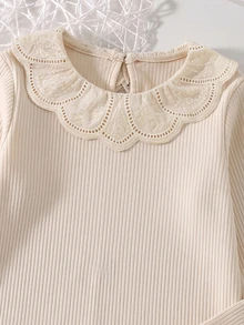 SHEIN Tween Girl Autumn Winter T-Shirt Elegant Eyelet Embroidered Peter Pan Collar Ribbed Knit Long Sleeve Top Casual Apricot Solid Color Layering Tee - Apricot - View 4