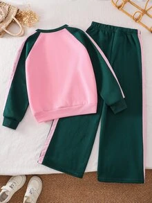SHEIN Tween女孩蝴蝶結圖案拼接色圓領長袖衛衣寬腿褲套裝 側邊貼條條紋運動休閒兩件套服飾 - 綠色 - 查看 7
