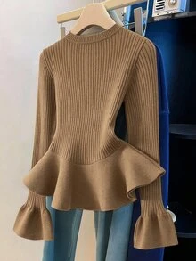 Franclia 女款秋冬純色圓領長袖荷葉邊下擺針織衫 - 摩卡棕 - 查看 2