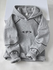 SHEIN 青少年女孩配色拼接連帽休閒Y2K日常長袖冬季衛衣 海軍藍 秋冬 生日告別禮物 - 灰色 - 查看 6