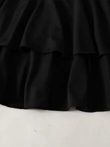 SHEIN 青少年女孩秋冬休閒優雅針織純色不對稱領口長袖金屬玫瑰與蝴蝶結裝飾抓皺蛋糕裙，派對洋裝 - 黑色 - 查看 3