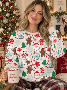EMERY ROSE Women's Thick Santa Claus & Gingerbread Man Print Crew Neck Long Sleeve Sweatshirt Sweatshirt - White - View 1