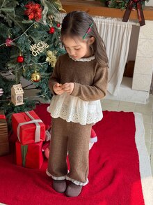 DAZY Infant (Girl) Round Neck Lace Ruffle Trim Long Sleeve Patchwork T-Shirt And Long Pants 2 Pieces Set - Pink - View 3