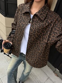 Livesso Women's Leopard Print Loose Casual Denim Jacket - Coffee Brown - View 5