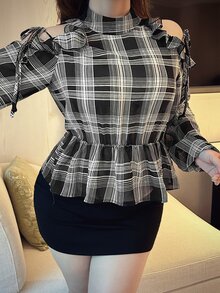 Dazy Plus Early Autumn New Korean Style Plaid Collar Tie Waist Cold Shoulder Blouse - Black - View 3