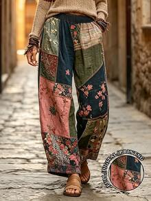 Linhara CURVE Plus Size Women's Middle-Aged Floral Print Casual Boho Bohemian 1960s Versatile Daily Travel Long Pants Autumn Vacation Blue Fall - Multicolor - View 1