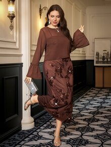 SHEIN Clasi Plus Size Embroidered Cami Dress With Mesh Top 2pcs Set Party Formal Cocktail Brown Elegant - Brown - View 5