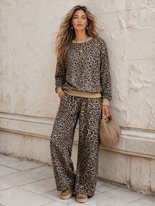 Faunlyn Women's Leopard Print Long Sleeve Top And Loose Pants 2 Pieces Set - Brown - View 6