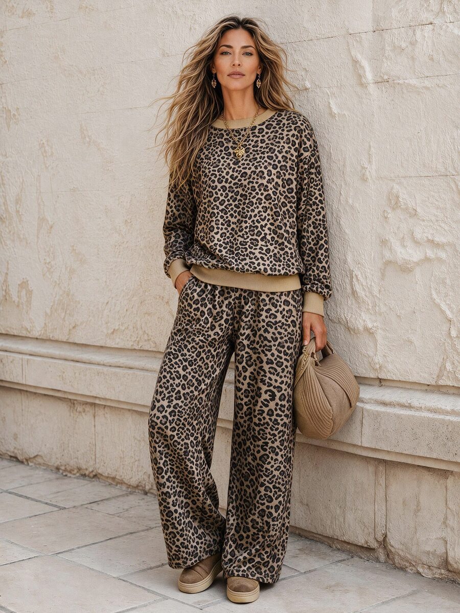 Faunlyn Women's Leopard Print Long Sleeve Top And Loose Pants 2 Pieces Set - Brown - View 1