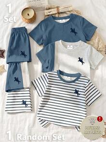 Young Boys 1 Set Random Summer Outfits, Toddler Cute Horse Rider Graphic Striped Short Sleeve T-Shirt And Shorts Matching Clothing Bundle Only 1 Set - Multicolor - View 1