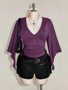 SHEIN ICON 女款大尺碼復古鄉村哥德風性感Y2K休閒優雅約會之夜夜店演唱會電音派對雞尾酒會深V領荷葉邊黑色T恤秋季 - 紫色 - 查看 9