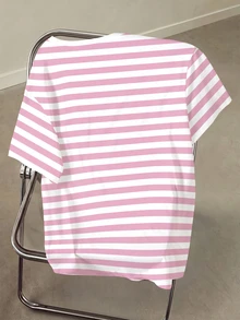 Betty Boop x SHEIN Plus Size Women's Striped Letter Cartoon Print Casual Daily Short Sleeve T-Shirt - White - View 2