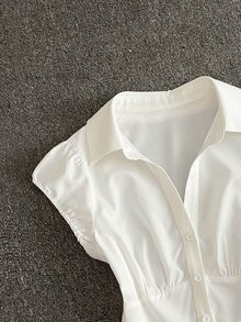 IslaSuriya 女款純色包袖前排扣簡約設計夏季休閒襯衫 - 白色 - 查看 6