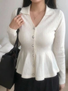Dazy Plus Cardigan Gaya Korea Lengan Panjang Kerah Lipat Warna Polos Musim Gugur/Dingin dengan Hiasan Ruffle - Aprikot - View 1