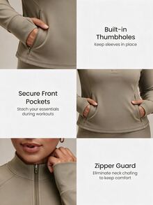GLOWMODE Plus Size FeatherFit™ Beat The Chill High-Neck Pullover With Thumbholes & Reflective Polka-Dot Back Running Gym Training Fall Active Wear - Olive Brown - View 3