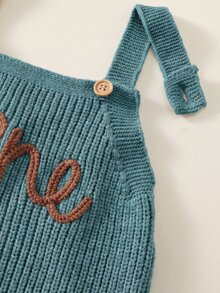SHEIN 新生兒男嬰女嬰秋冬裝 卡其色針織連身衣 熊圖案手工刺繡吊帶褲毛衣，舒適時尚日常可愛復古經典百搭極簡百搭 - 綠色 - 查看 8