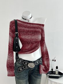 Elamini 1件女款黑色秋冬獨特不對稱肩拼接色塊條紋亮片針織毛衣，收腰設計與喇叭袖，優雅休閒 - 紅色 - 查看 1