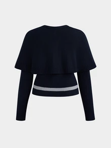Sweetra Vintage Fashion Cape Shawl Style Colorblock Cardigan Women Autumn/Winter High-End Navy Blue Slimming Short Sweater - Navy Blue - View 2