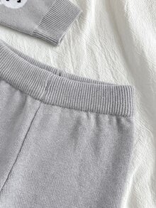 SHEIN 新生兒卡通熊圖案長袖針織毛衣與針織長褲套裝 - 灰色 - 查看 4